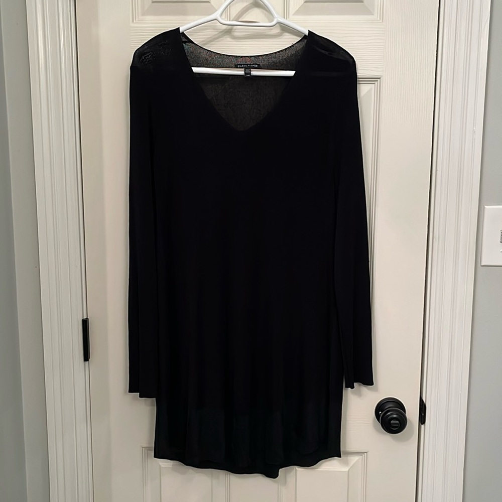 Eileen Fisher Women’s Black Gray Rayon Blend Tunic Sz Large Shimmer Sheer V-Neck